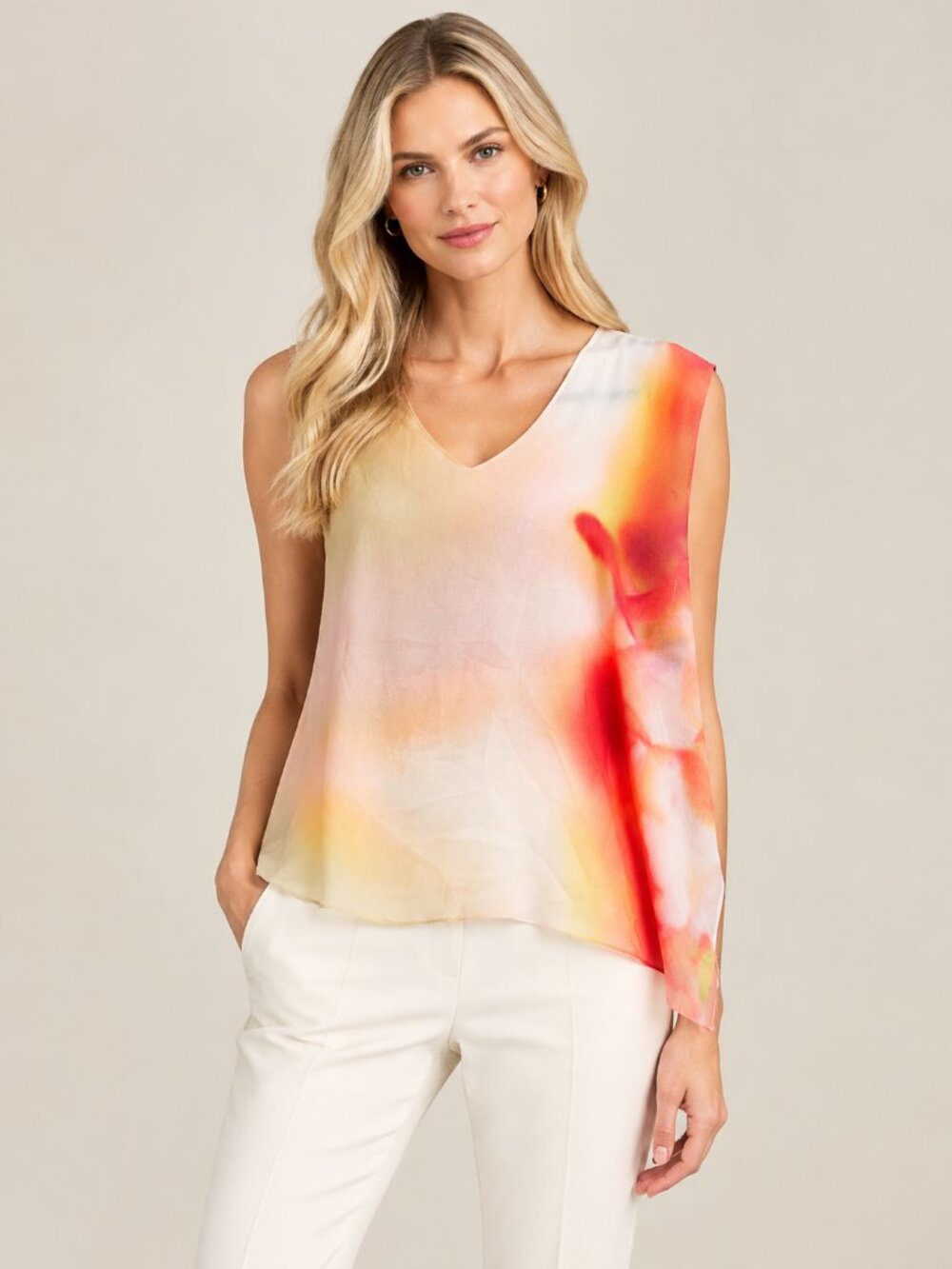 2/$30 Elie Tahari Watercolor Asymmetric Draped Chiffon Top Large #A6167